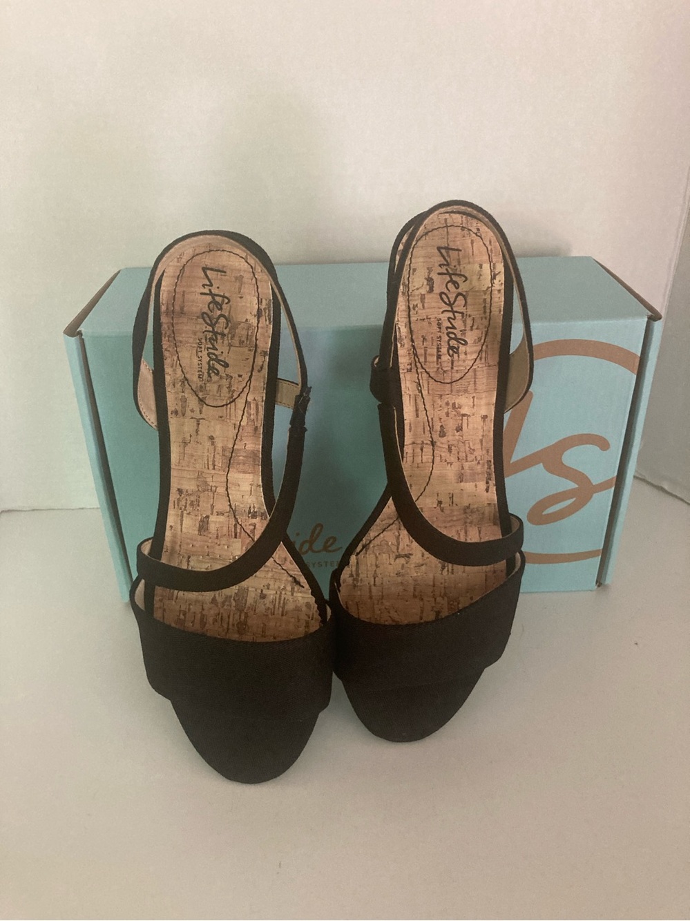 Life Stride Black Slingback Cork Wedge Sandals - Picture 3 of 6